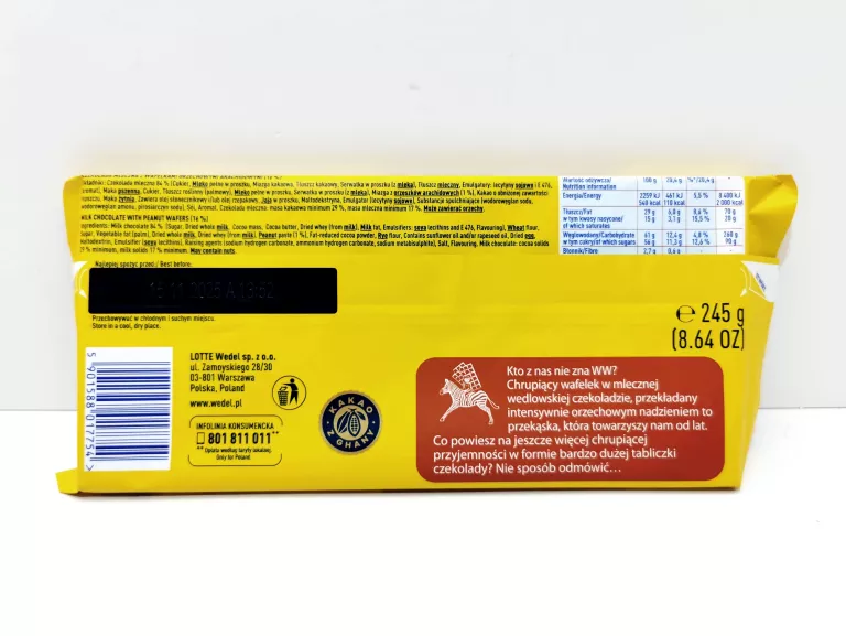 CZEKOLADA MLECZNA Z WAFELKAMI ORZECHOWYMI WW E.WEDEL - DUŻA TABLICZKA 245G