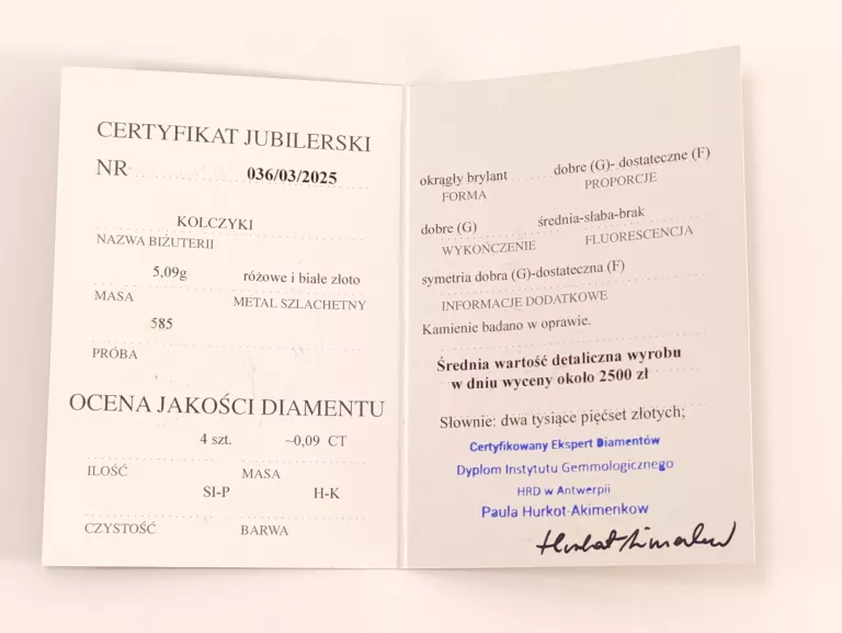 ZŁOTE KOLCZYKI P585 Z BRYLANTAMI 0,09CT 5,09G CERTYFIKAT