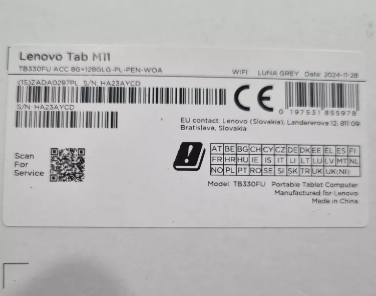 TABLET LENOVO TAB M11 8GB RAM 128GB ROM + RYSIK