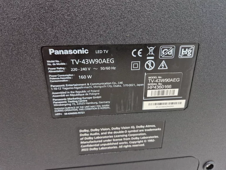 TELEWIZOR PANASONIC LED TV-43W90AEG PILOT KABEL ZASILAJĄCY