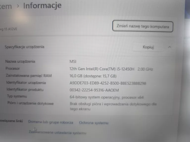 MSI CYBORG 15 A12VE-057PL I5-12450H 16GB RAM 512GB SSD GEFORCE RTX4050