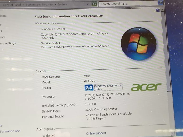 NETBOOK LAPTOP ACER ASPIRE ONE AOD270 N2600/4GB/320/WIN7