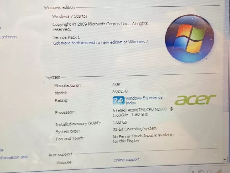 NETBOOK LAPTOP ACER ASPIRE ONE AOD270 N2600/4GB/320/WIN7