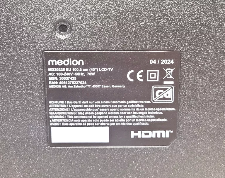 TELEWIZOR LED MEDION MD30225 40'' FULL HD Z WBUDOWANYM DEKODEREM DVB-T2