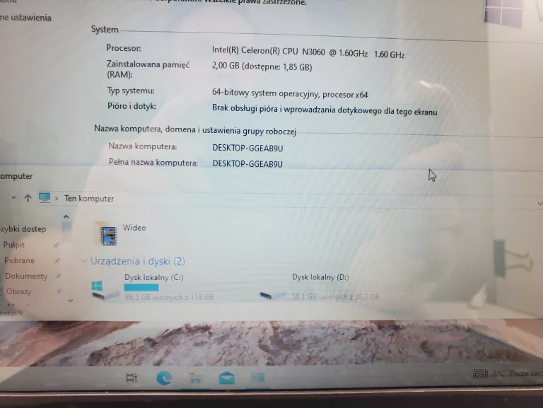 LAPTOP LENOVO IDEAPAD 100S INTEL CELERON N3060 1,6 GHZ 2 GB RAM 180 GB HDD