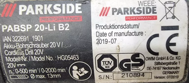 WKRĘTARKA PARKSIDE PERFORMANCE PABSP 20-LI B2 WALIZKA BEZSZCZOTKOWA