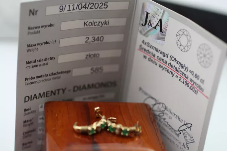ZŁOTE KOLCZYKI 2,34 G P.585 SZMARAGDY BRYLANTY
