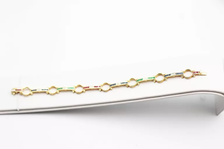 ZŁOTA BRANSOLETKA 13,19G P.585 18CM SZAFIRY SZMARAGDY TURMALIN BRYLANTY