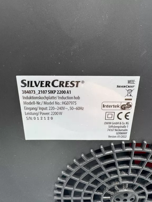 PRZENOŚNA KUCHENKA INDUKCYJNA SILVERCREST HG07975 + PUDEŁKO BDB STAN!
