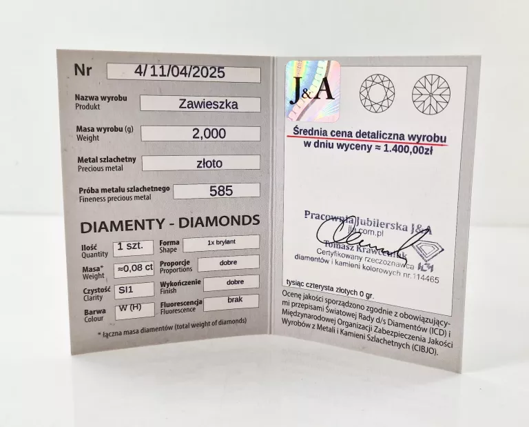 ZŁOTA ZAWIESZKA DIAMENT 0,08CT 585 2G.