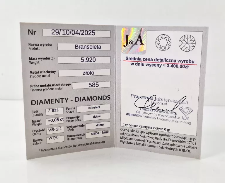 ZŁOTA BRANSOLETA DIAMENTY 0,05CT 585 5,92G.
