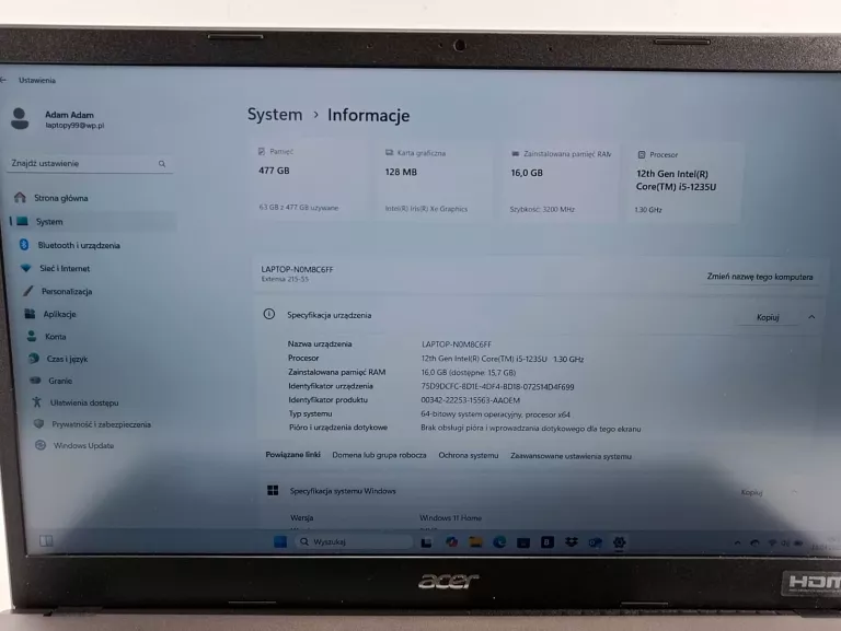 LAPTOP ACER EXTENSA 15 15,6 " INTEL CORE I5 16 GB / 512 GB SREBRNY