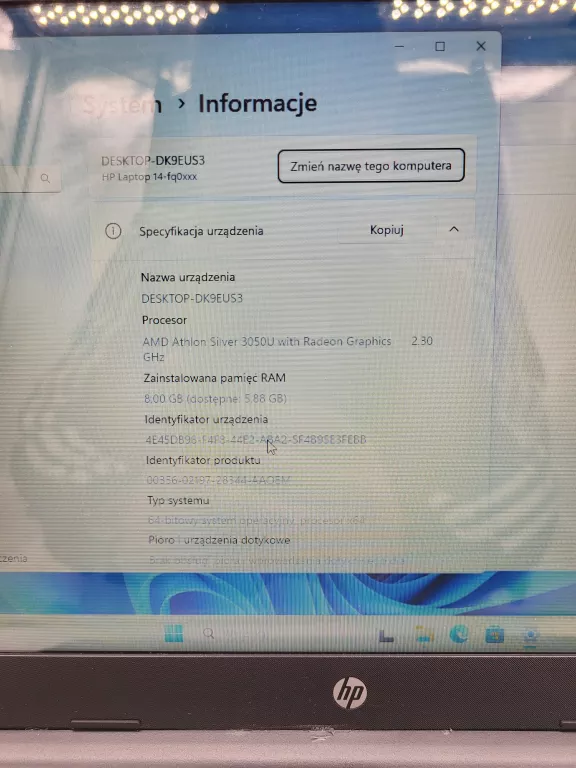 LAPTOP HP 14-FQ0013DX AMD ATHLON 3050/8GB/128SSD/W11 + ŁAD + PUDEŁKO