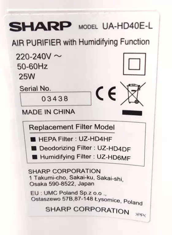 OCZYSZCZACZ POWIETRZA SHARP UA-HD40E-L