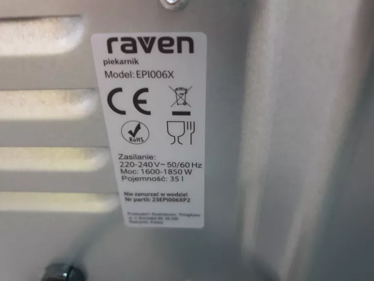 MINI PIEKARNIK RAVEN EPI006X ROŻEN 35L + GW.06.2026