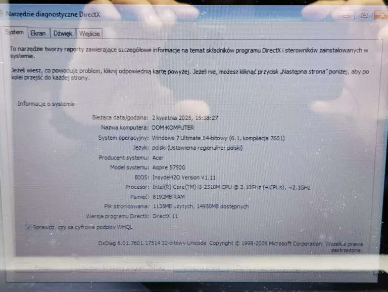 LAPTOP ACER ASPIRE 5750G 15,6 " INTEL CORE I3-2310M 8 GB RAM/ 256 GB