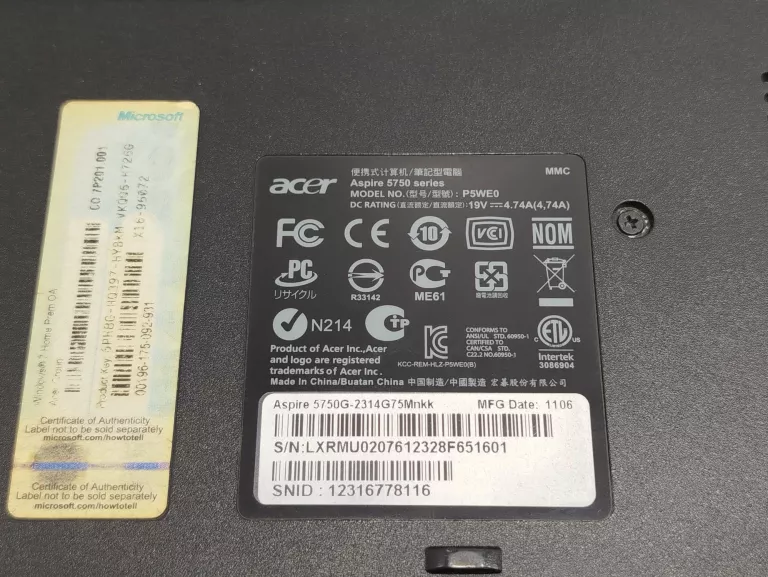 LAPTOP ACER ASPIRE 5750G 15,6 " INTEL CORE I3-2310M 8 GB RAM/ 256 GB