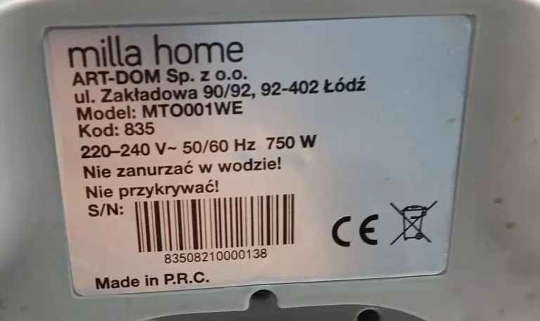 TOSTER MILLA HOME MTO001WE 750W TACKA NA OKRUCHY