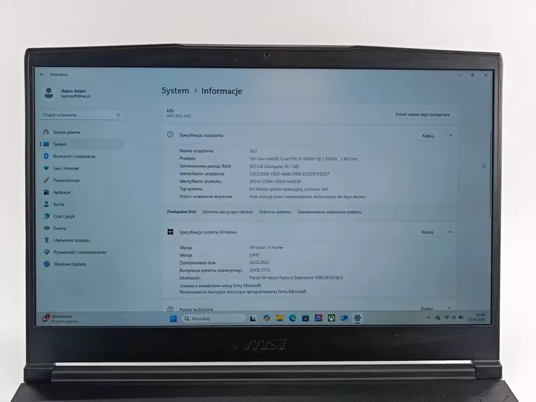 LAPTOP MSI GF63 THIN 11UC-468PL 15.6 144HZ I5-11400H 16 GB RAM 512GB SSD
