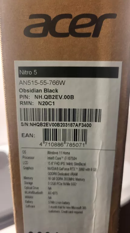 LAPTOP ACER NITRO 5 AN515-55 I7-10750H RTX 3060 512GB SSD 16GB RAM KOMPLET