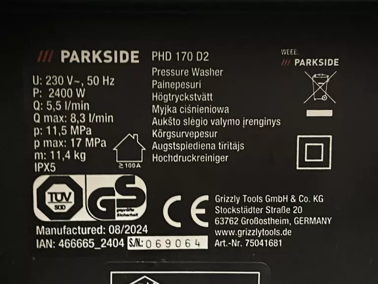 MYJKA WYSOKOCIŚNIENIOWA PARKSIDE PHD 170 D2 2400W 115BAR OPIS !