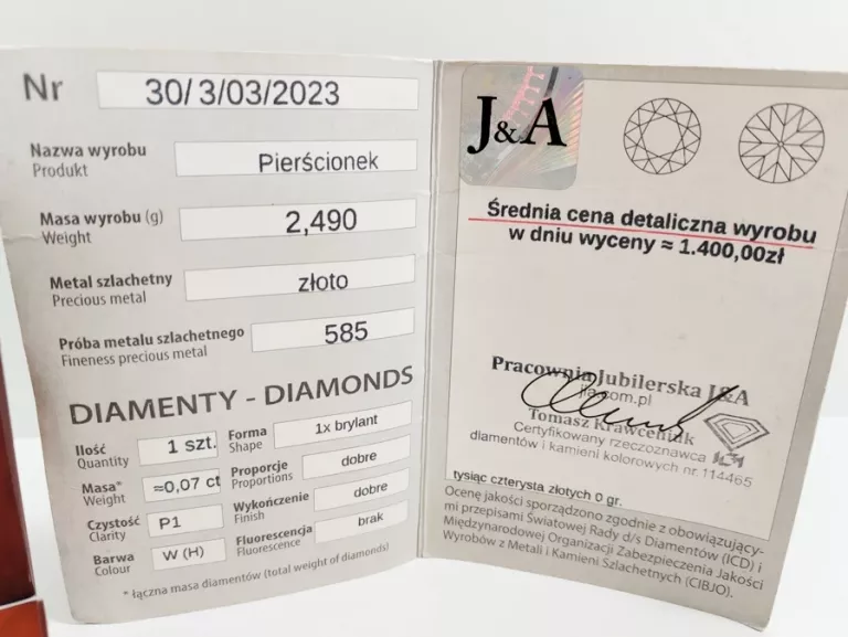 ZŁOTY PIERŚCIONEK Z BRYLANTEM 585, 14K, 16R CERTYFIKAT