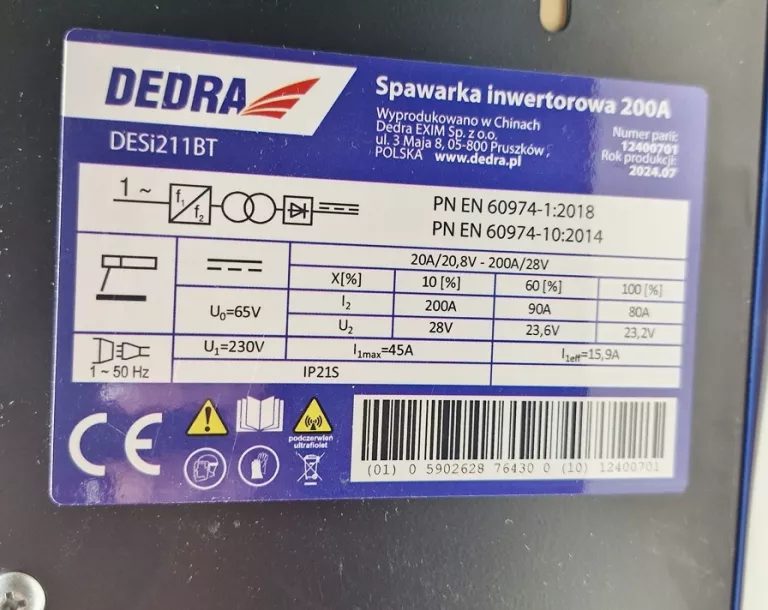 SPAWARKA INWERTOROWA DEDRA DESI211BT ZESTAW