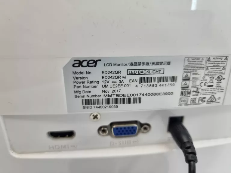 MONITOR KOMPUTEROWY ACER ED242QR 24" 4MS FULL HD 75HZ VGA HDMI