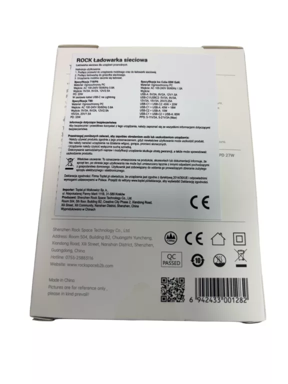 ŁADOWARKA SIECIOWA ROCK T18 SUGAR CUBE SERIES QC 3.0 PD 20W LIGHTNING
