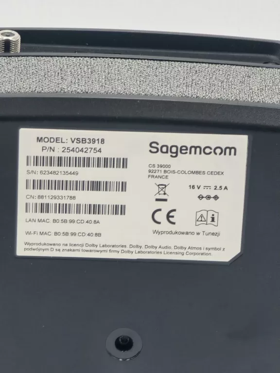 DEKODER SAGEMCOM VSB3918 3/16GB ANDROID BOX KOMPLET