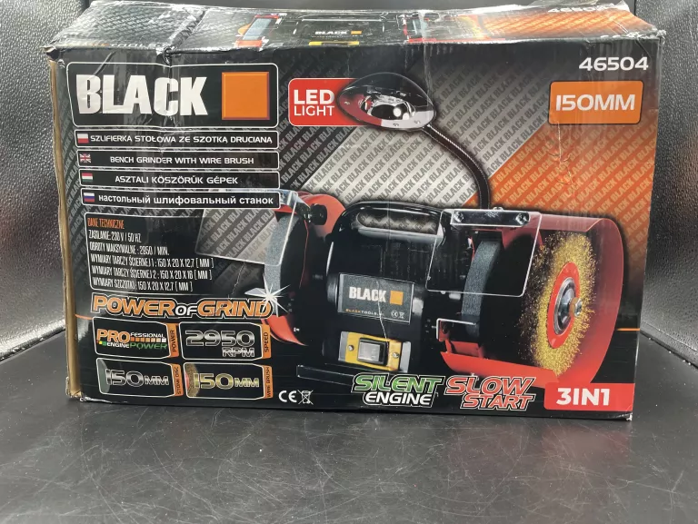 SZLIFIERKA STOŁOWA ZE SZCZOTKĄ DRUCIANĄ I LAMPKĄ BLACK 46504 NOWA