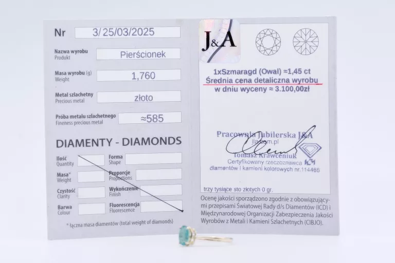 KLASYCZNIE PIĘKNY PIERŚCIONEK Z DUŻYM SZMARAGDEM 1,45CT ŻÓŁTE ZŁOTO 585