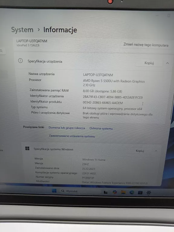 LAPTOP IDEAPAD 3 15ALC6 AMD RYZEN 5000 SERIES 8/512GB WIN 11 HOME+ŁAD