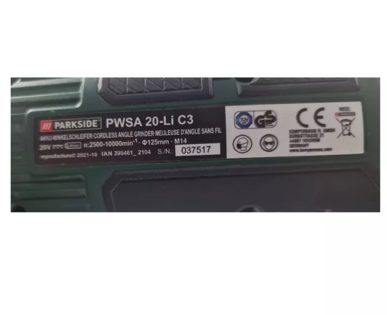 SZLIFIERKA KĄTOWA PARKSIDE PARKSIDE PWSA 20-LI C3 KOMPLET