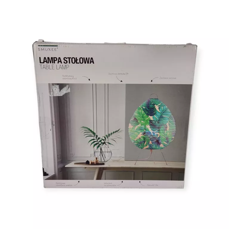 DEKORACYJNA LAMPA STOŁOWA PAPIEROWY KLOSZ MONSTERA LIŚCIE KOLOROWA SMUKEE