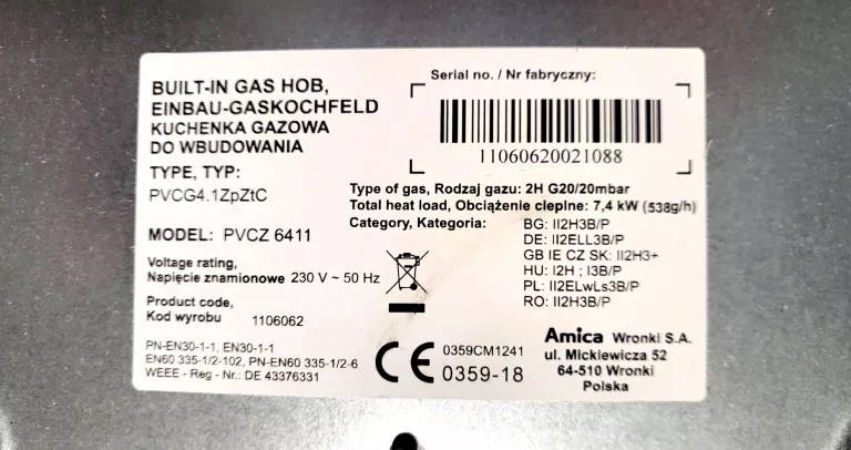 PŁYTA GAZOWA NA SZKLE AMICA PVCZ 6411