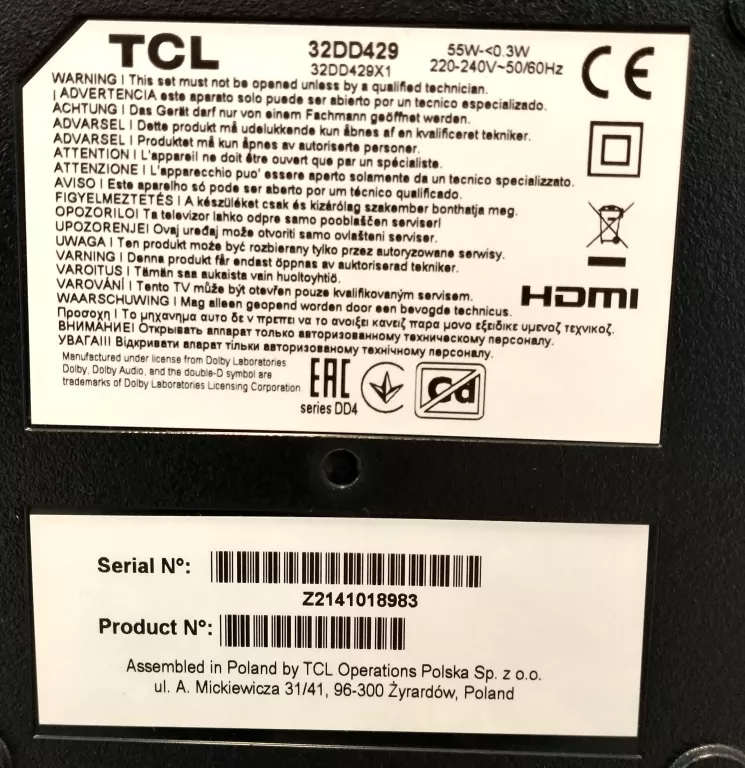 TELEWIZOR TCL 32DD429 +PILOT