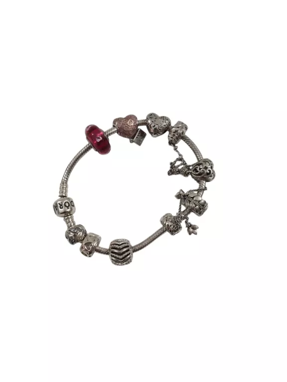 SREBRNA BRANSOLETKA PANDORA + 9 CHARMSÓW RÓŻNYCH
