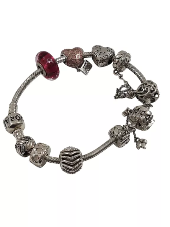 SREBRNA BRANSOLETKA PANDORA + 9 CHARMSÓW RÓŻNYCH