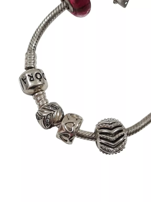 SREBRNA BRANSOLETKA PANDORA + 9 CHARMSÓW RÓŻNYCH