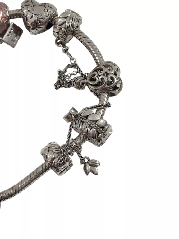 SREBRNA BRANSOLETKA PANDORA + 9 CHARMSÓW RÓŻNYCH