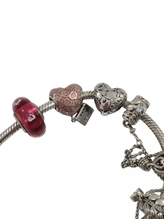 SREBRNA BRANSOLETKA PANDORA + 9 CHARMSÓW RÓŻNYCH