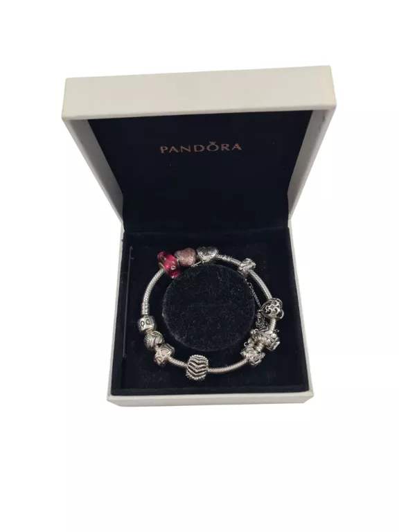 SREBRNA BRANSOLETKA PANDORA + 9 CHARMSÓW RÓŻNYCH