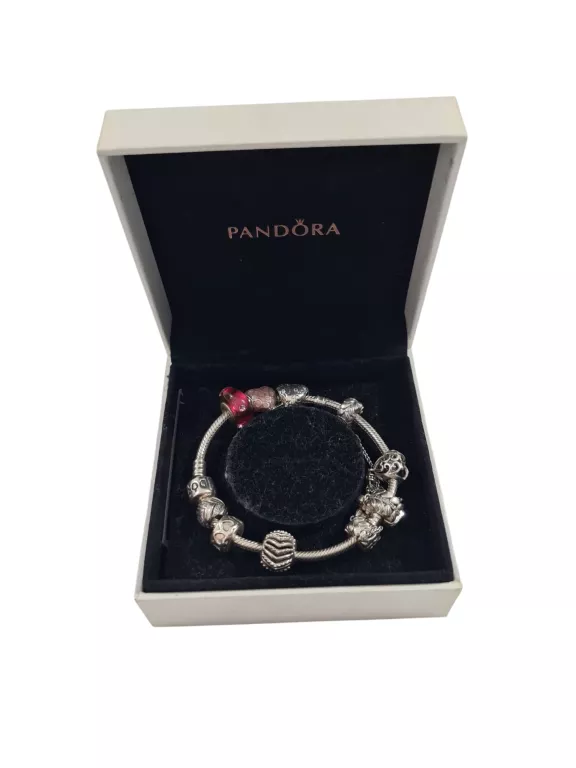 SREBRNA BRANSOLETKA PANDORA + 9 CHARMSÓW RÓŻNYCH