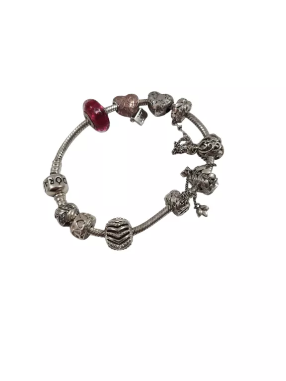 SREBRNA BRANSOLETKA PANDORA + 9 CHARMSÓW RÓŻNYCH