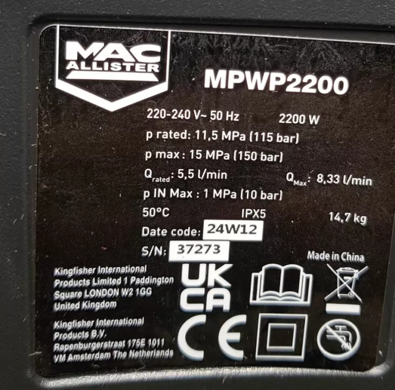 MYJKA CIŚNIENIOWA MACALLISTER MPWP2200 KOMPLET GWARANCJA