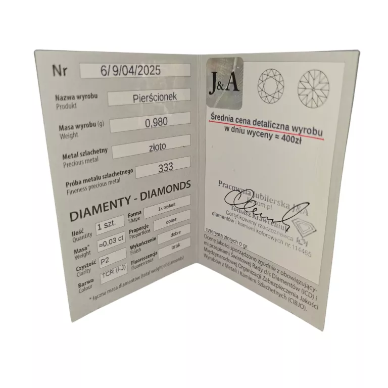 ZŁOTY PIERŚCIONEK Z BRYLANTEM + CERTYFIKAT 0,98G/333/12
