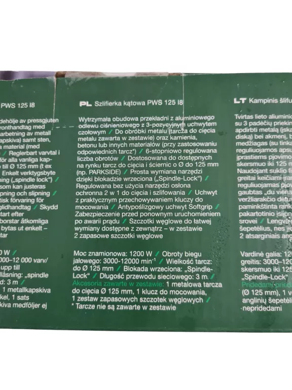 SZLIFIERKA KĄTOWA PARKSIDE PWS 125 I8 - 1200W