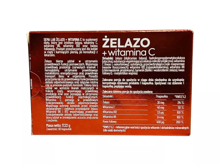 SEMA LAB ŻELAZO + WITAMINA C, 60 KAPSUŁEK TWARDYCH