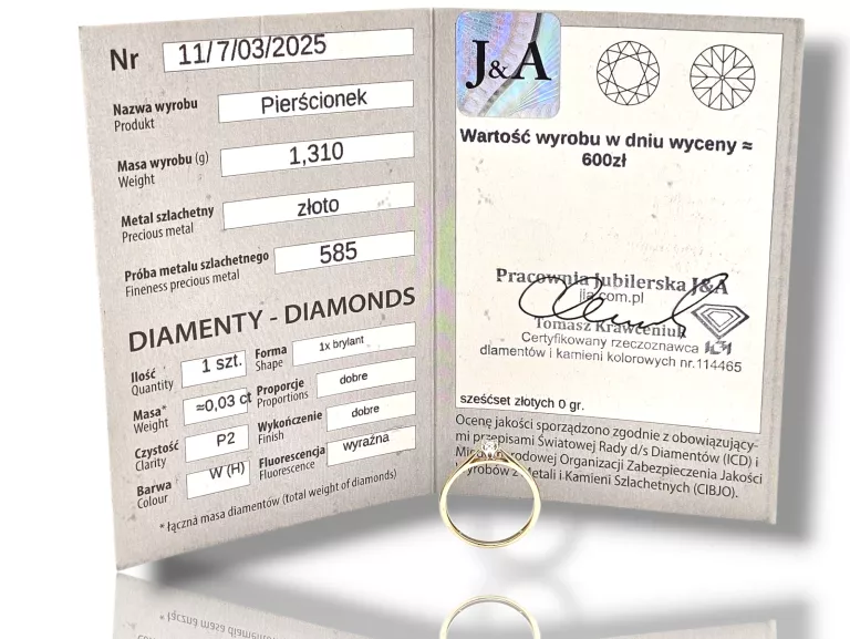 PIĘKNY ZŁOTY PIERŚCIONEK ZARĘCZYNOWY Z DIAMENTEM 1,3G 585P 12R